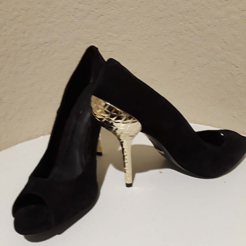 Black suede open toe heels